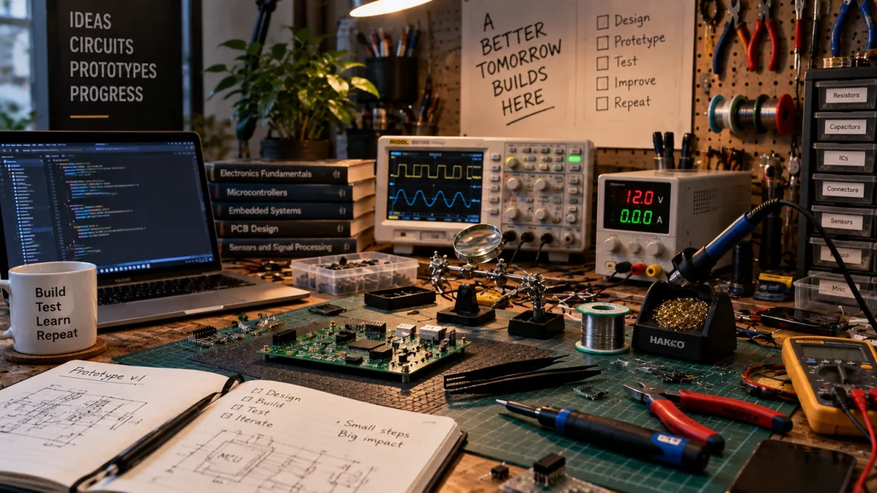 Concept illustration of an electronics workbench with circuit boards, test equipment, and prototype notes.
