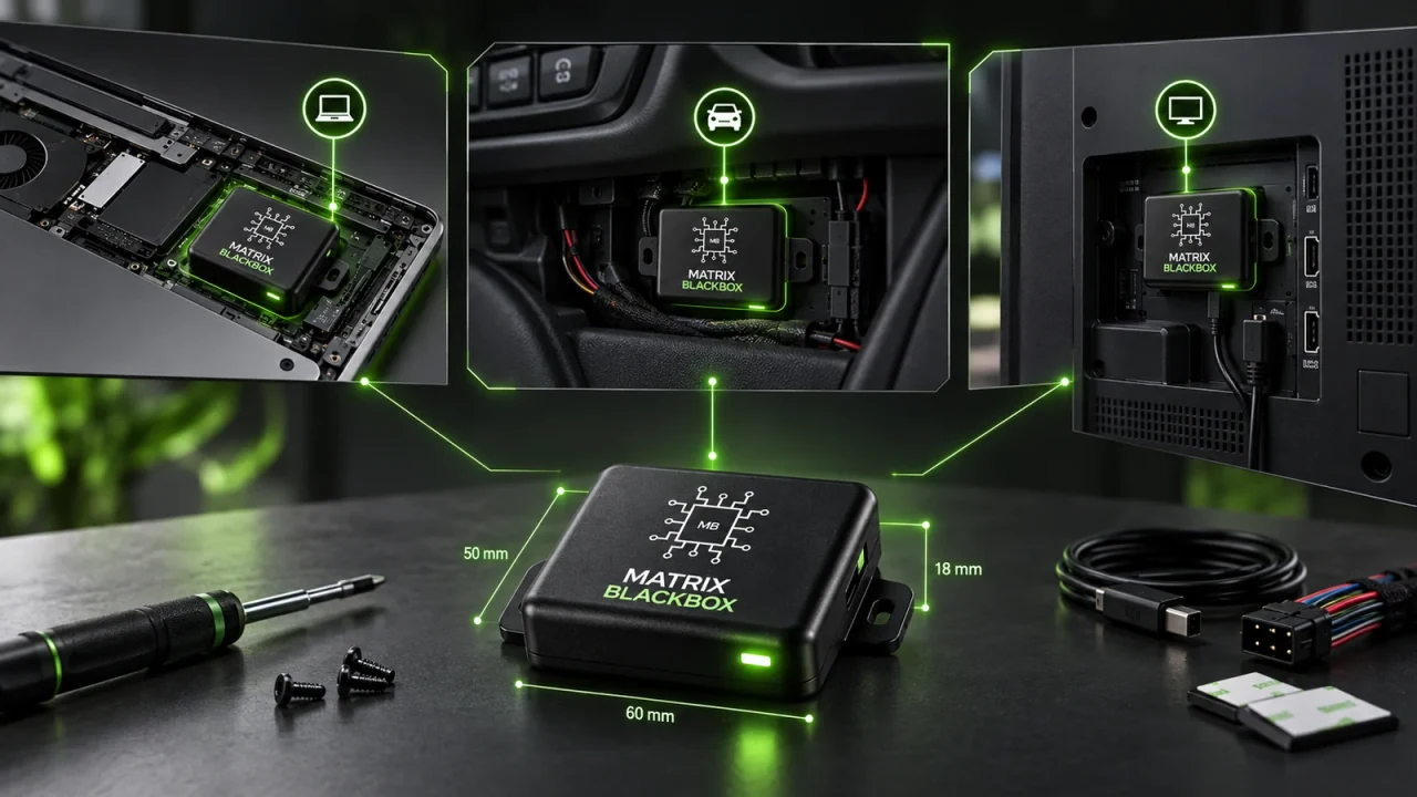 A Matrix Desktop Blackbox concept showing internal-fit installation hardware for desktop electronics.