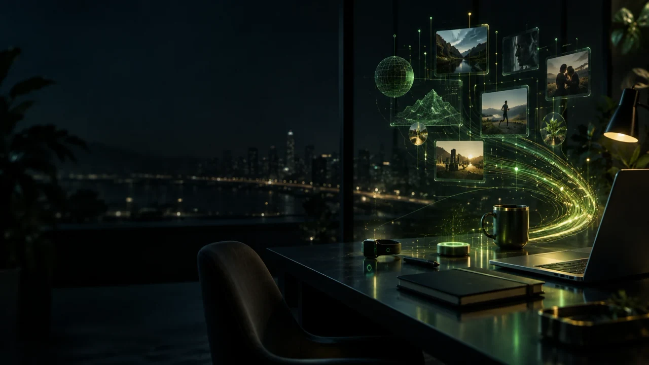Concept artwork of a connected workspace, with everyday objects and green-gold signal trails becoming an organised set of personal records.