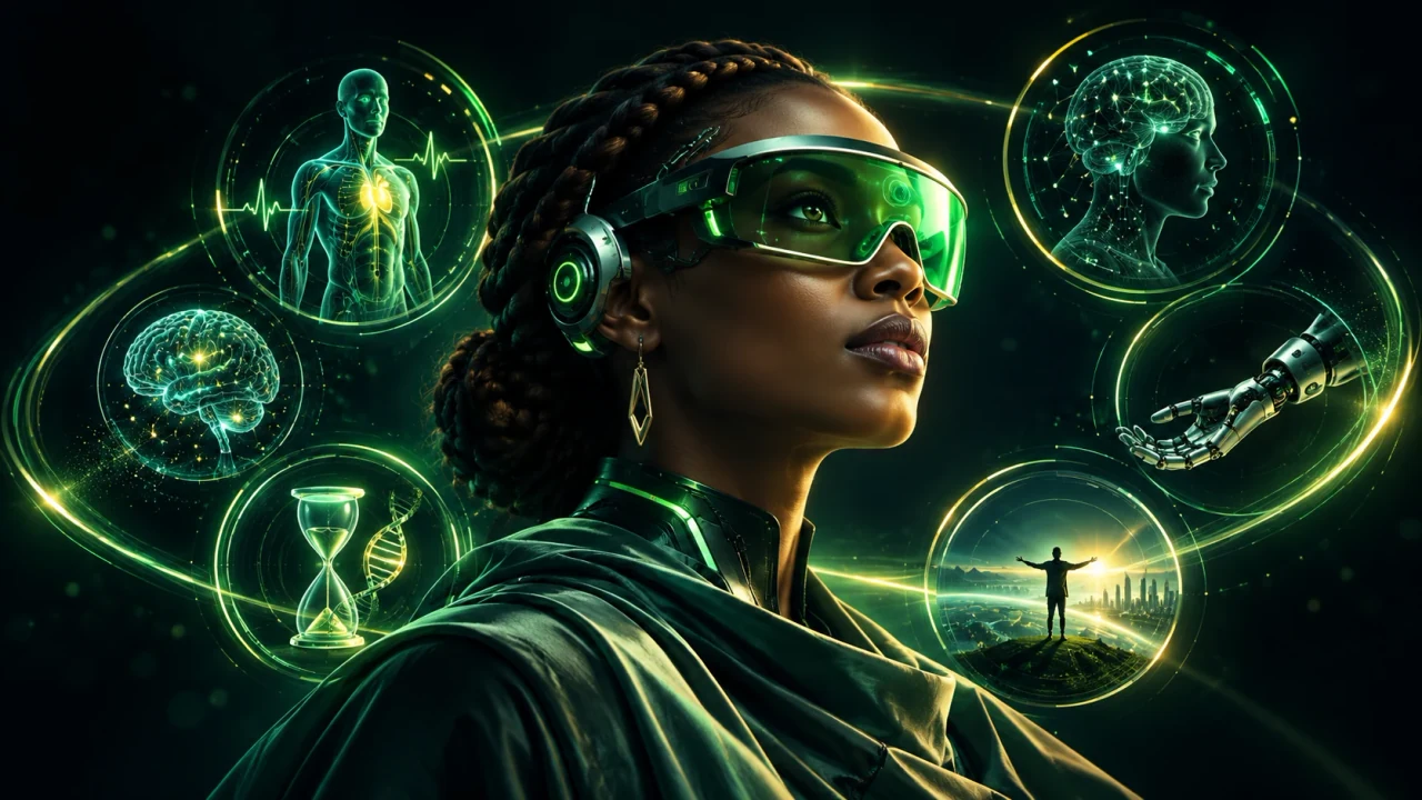 Concept artwork of a woman wearing futuristic optics, surrounded by symbols of memory, health, robotics and human potential.