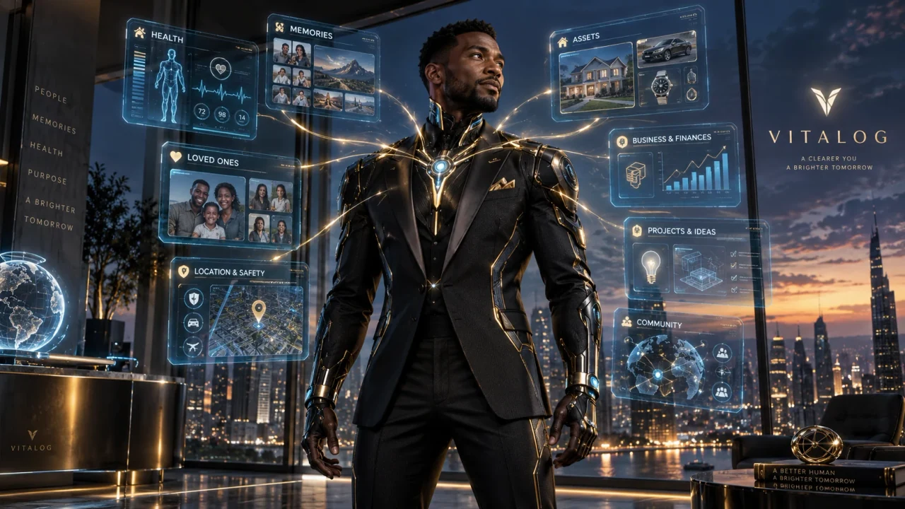 Concept artwork of a person wearing an augmentative cybernetic suit.