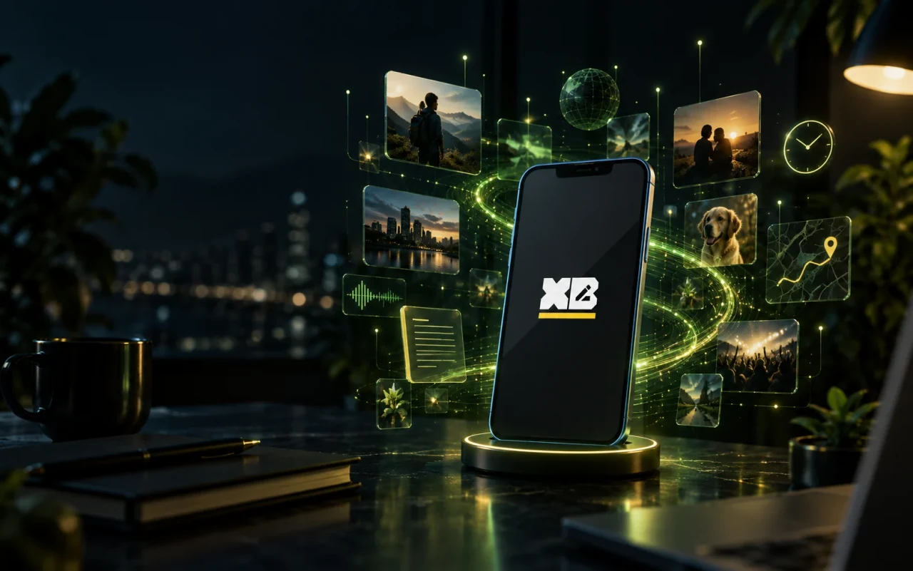 XB Lifelog concept scene showing a phone surrounded by photographs, notes, audio and location records. Not a working app screenshot.