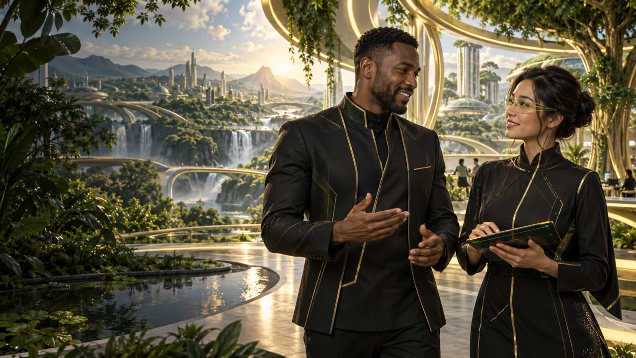 Concept artwork of futuristic partners connecting their strengths to build a shared future.