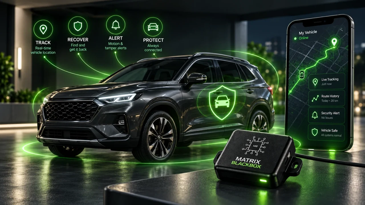 A Matrix Vehicle Blackbox concept shown with a connected SUV security dashboard.