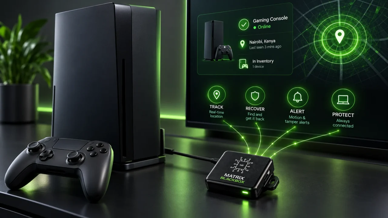 A Matrix Gaming Console Blackbox concept shown with a console protection and tracking setup.