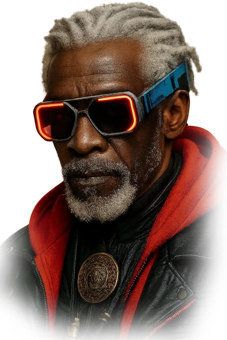 Concept portrait of a person wearing illuminated glasses.