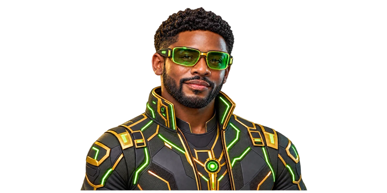 Concept bust portrait of a technical builder with balanced emerald AR eyewear and an illuminated smart jacket, with space around both shoulders and upper arms.