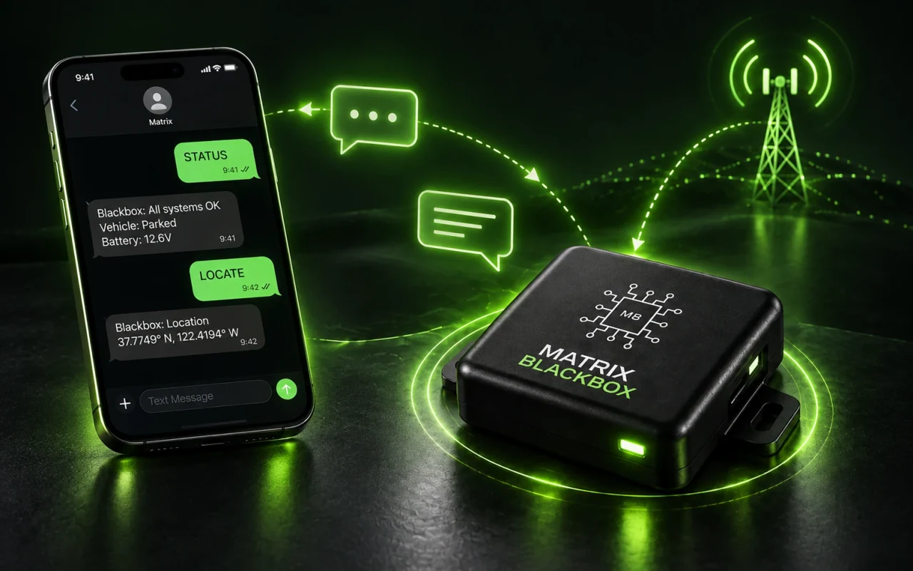 Matrix Blackbox SMS command interface with connected device messaging controls.