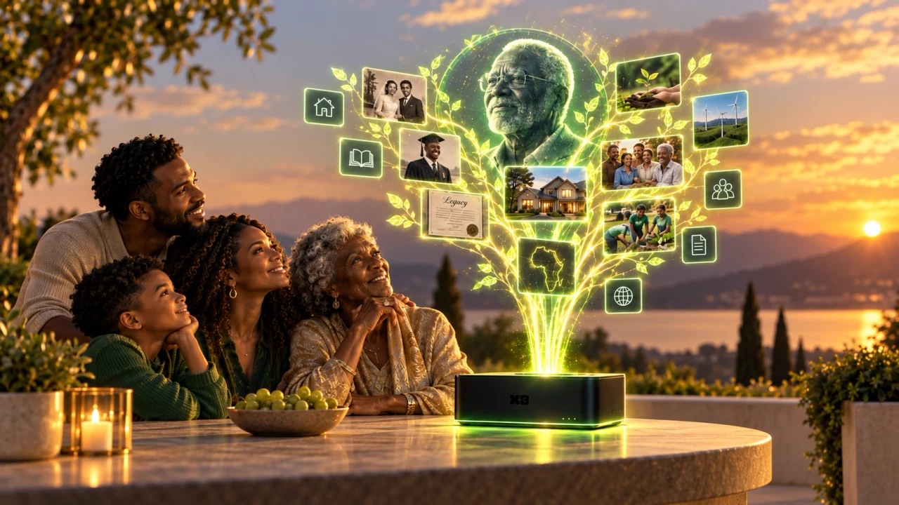 Future-facing concept artwork of a family looking at an archive and a holographic representation surrounded by inherited records. Digital twins are a visionary direction, not a present capability.