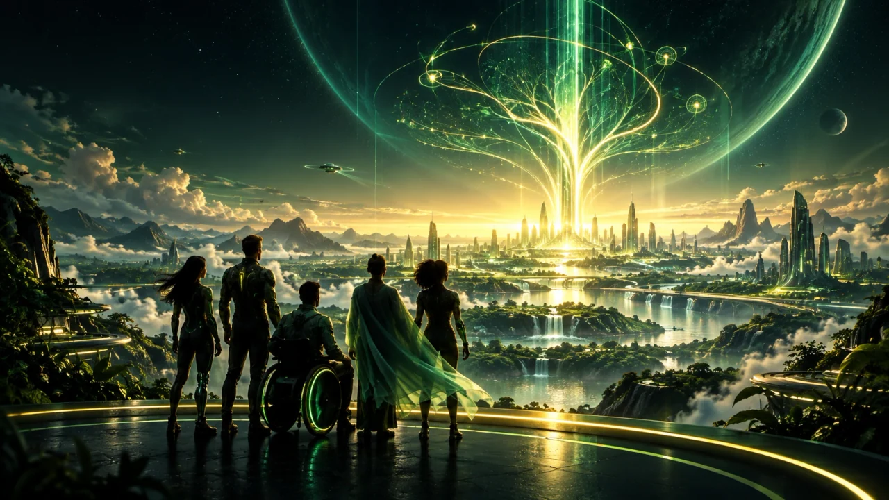 Concept artwork of a group, including a wheelchair user, looking toward a green future city and a luminous tree of light.