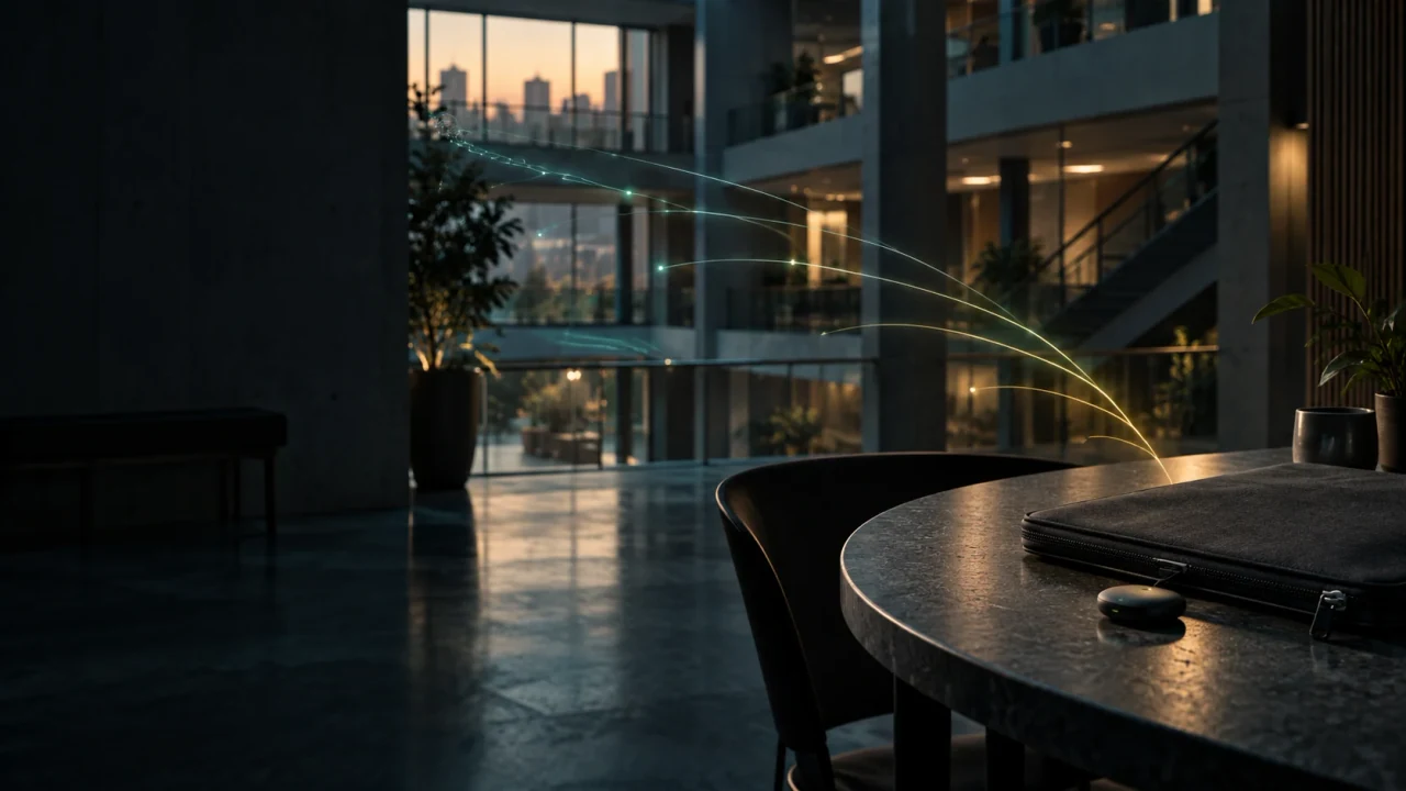 Concept artwork of a laptop sleeve and compact circuit in a multi-level interior with subtle wireless signal light.