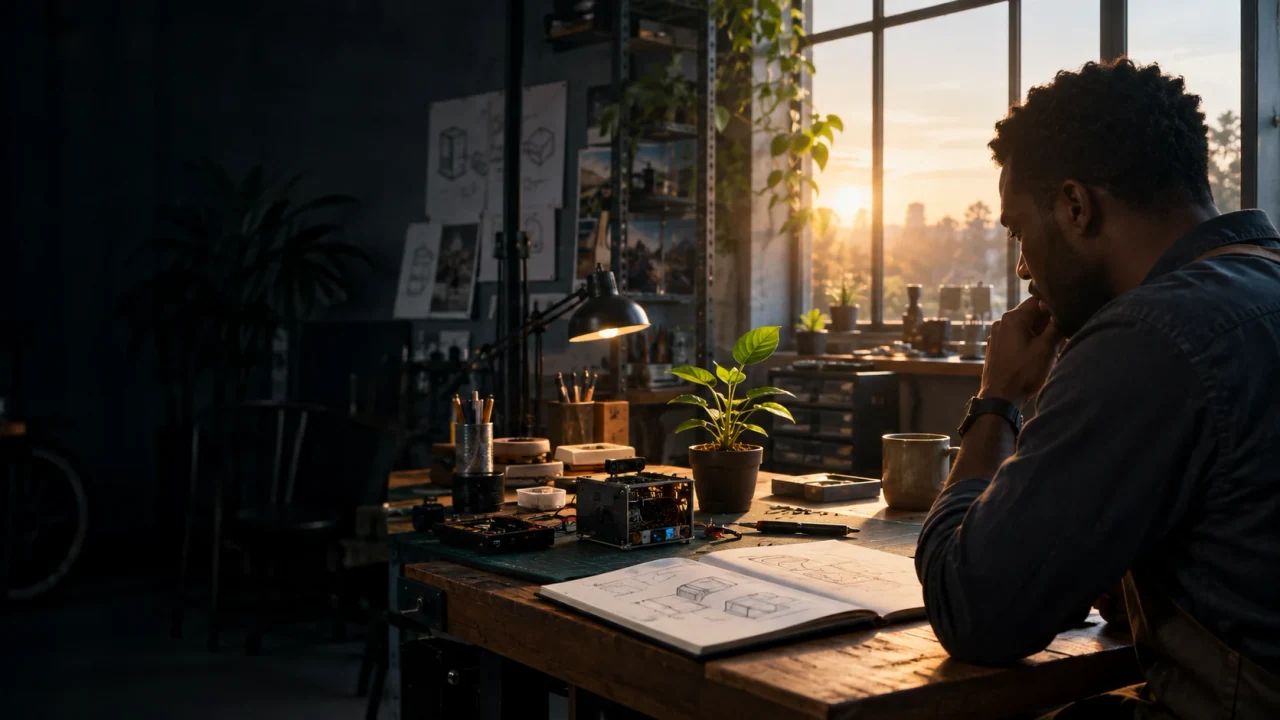 Concept artwork of a Black African founder considering an electronics prototype and a young plant at dawn.