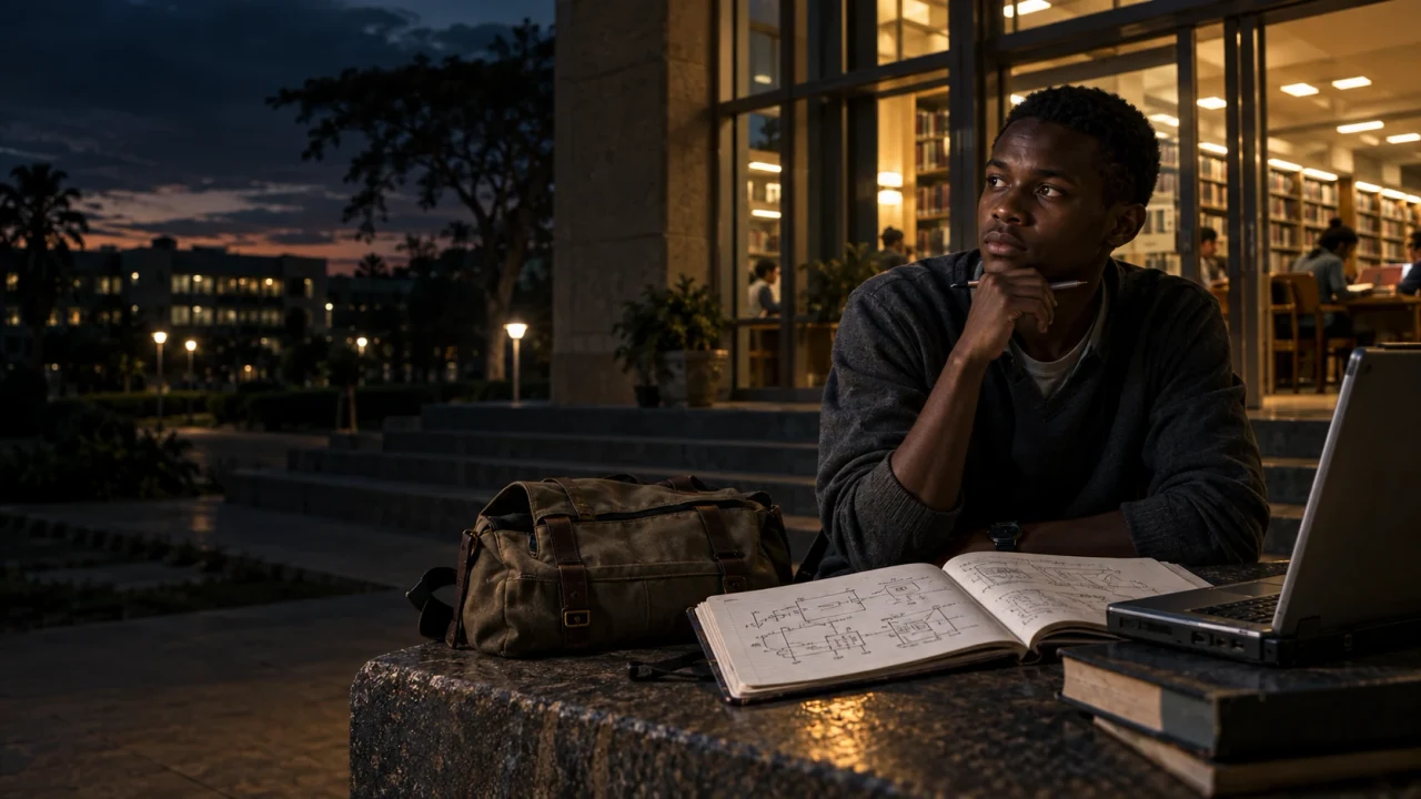 Concept artwork of a Kenyan student at a university library entrance with early electronics sketches and a laptop bag.