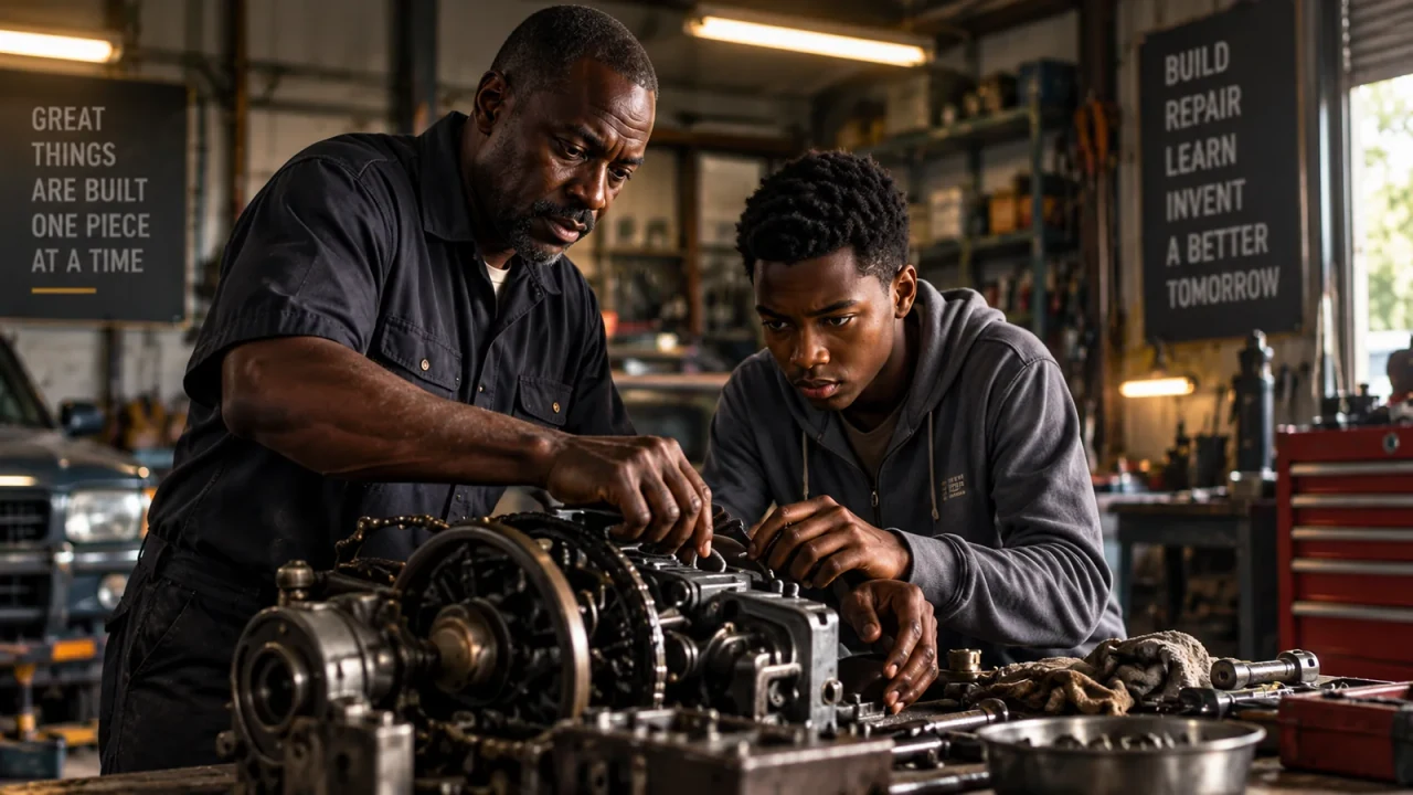 Concept illustration of an older mechanic teaching a younger person at a workbench in a garage.