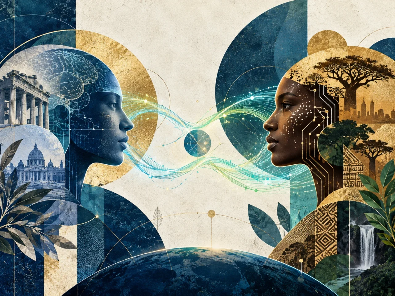Editorial artwork for the CSP Colloquium: two people in cross-cultural dialogue connected by luminous threads.