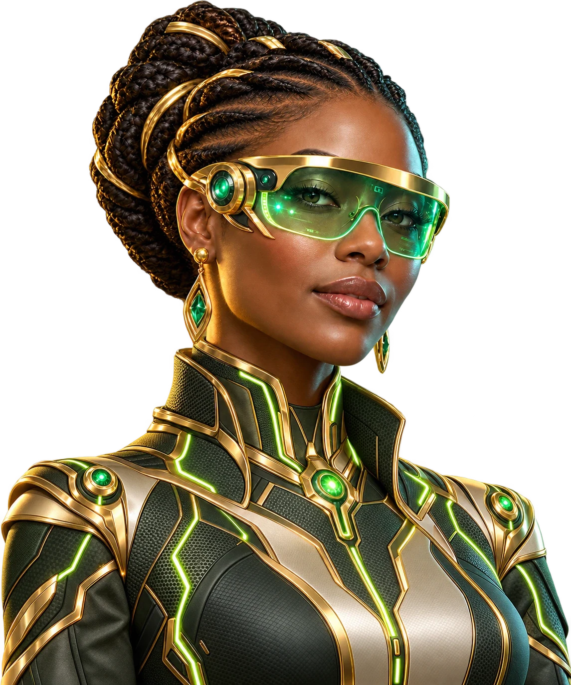 Concept portrait of a poised futuristic partner with gold and emerald augmented eyewear and intelligent couture.