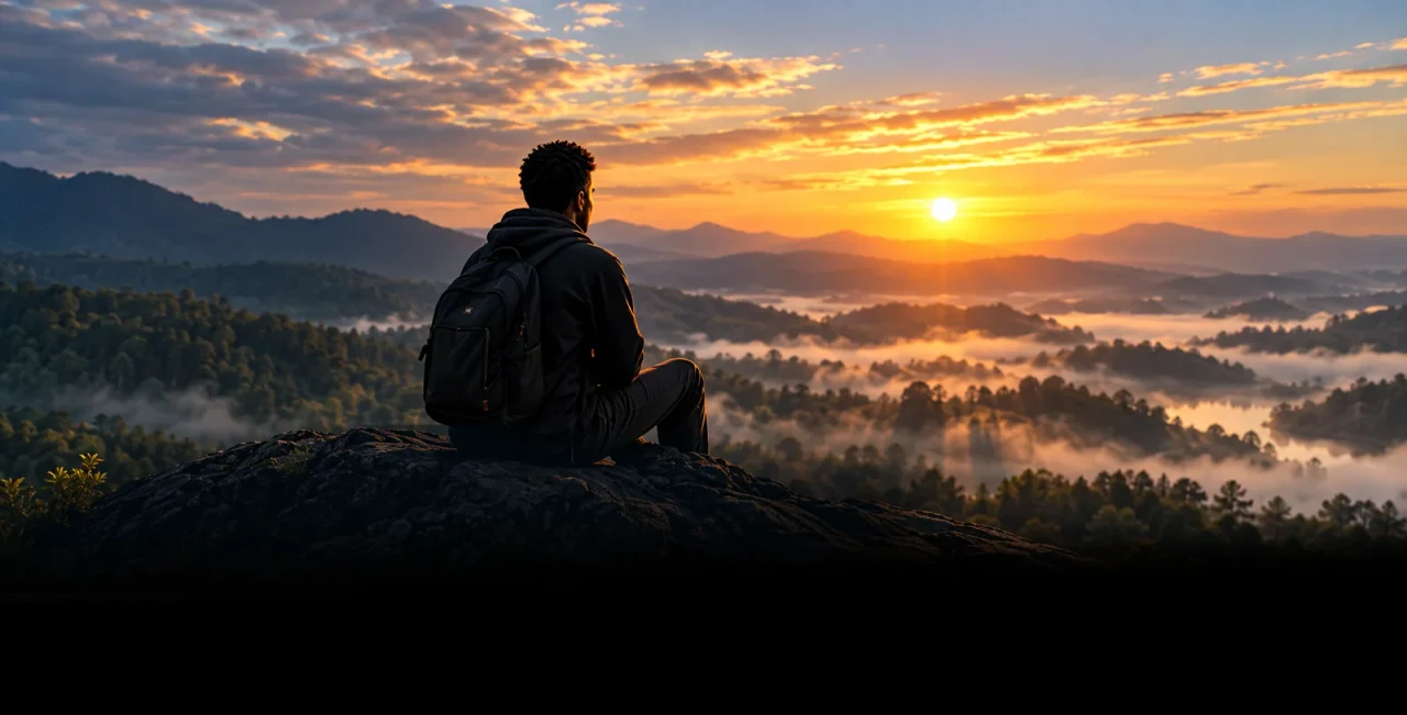 Founder’s Story Part II hero: a reflective figure looking over a sunrise landscape.