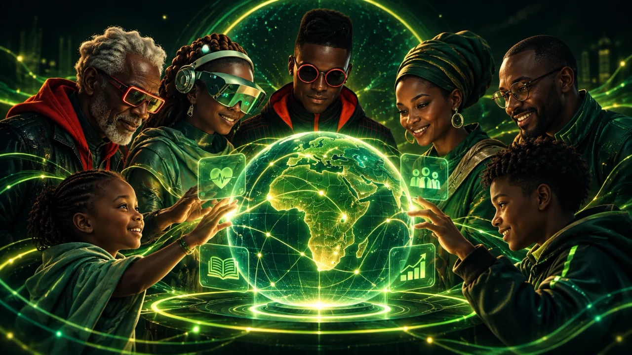 Concept artwork of a multigenerational community gathered around a glowing globe with Africa at its center.