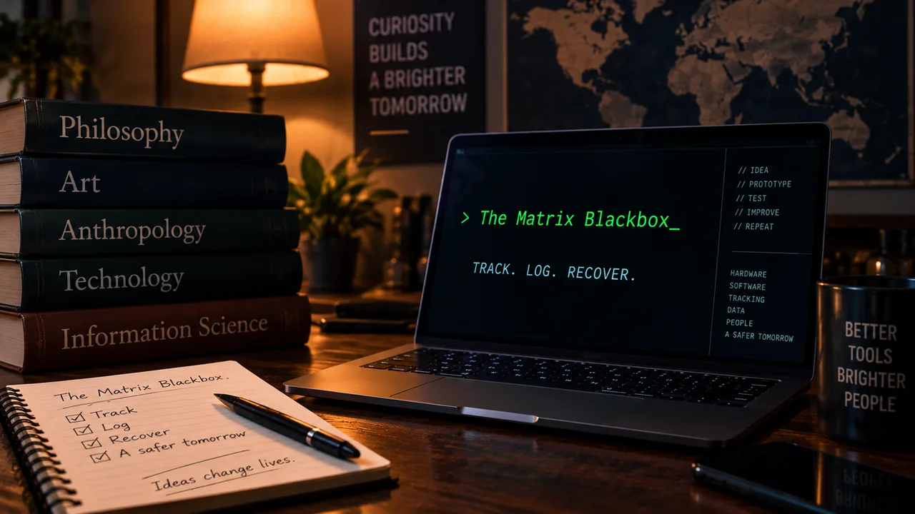 Concept illustration of the Matrix Blackbox idea surrounded by books from multiple disciplines.