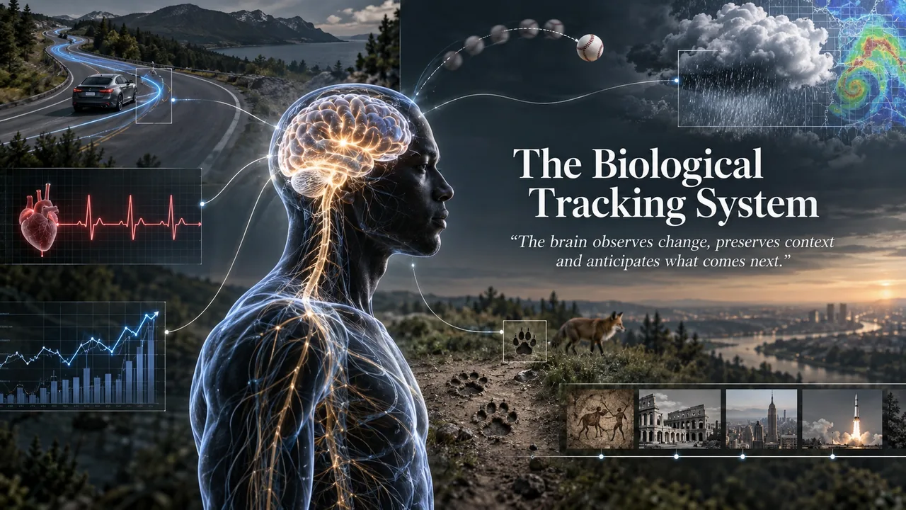Concept illustration showing the brain as a biological system that tracks movement, health signals, weather and patterns through time.