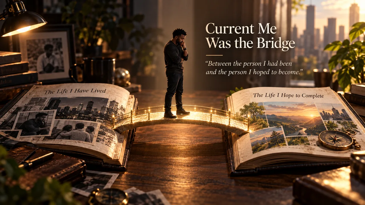 Concept artwork visualizing the present self as a bridge between the life already lived and the life still hoped for.