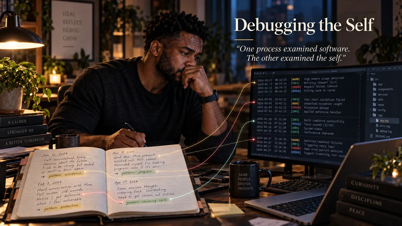 Concept illustration comparing personal journaling and software debugging through handwritten notes and system logs.
