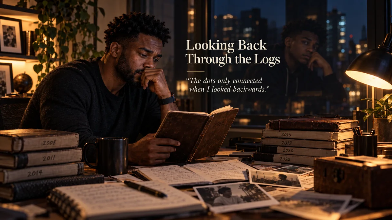 Concept illustration of a person reviewing journals from different years and looking for recurring patterns.