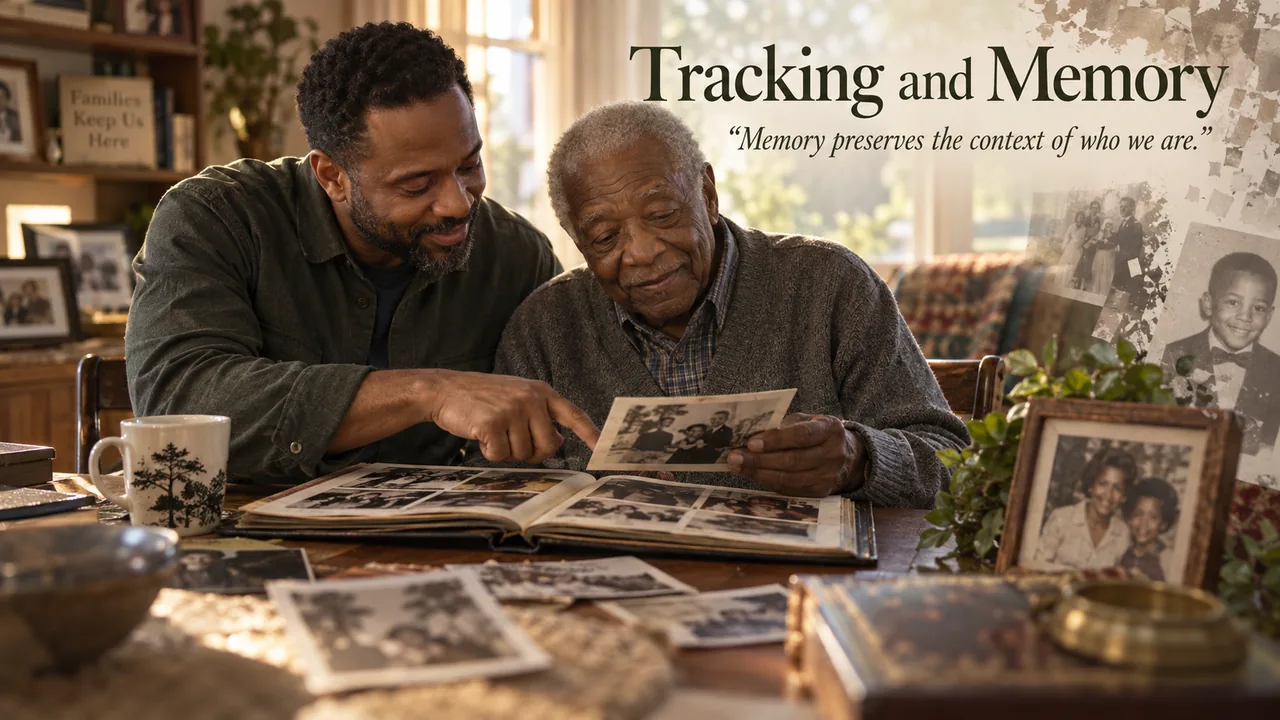 Concept illustration of a younger adult and an older man looking through family photographs, representing memory and identity.