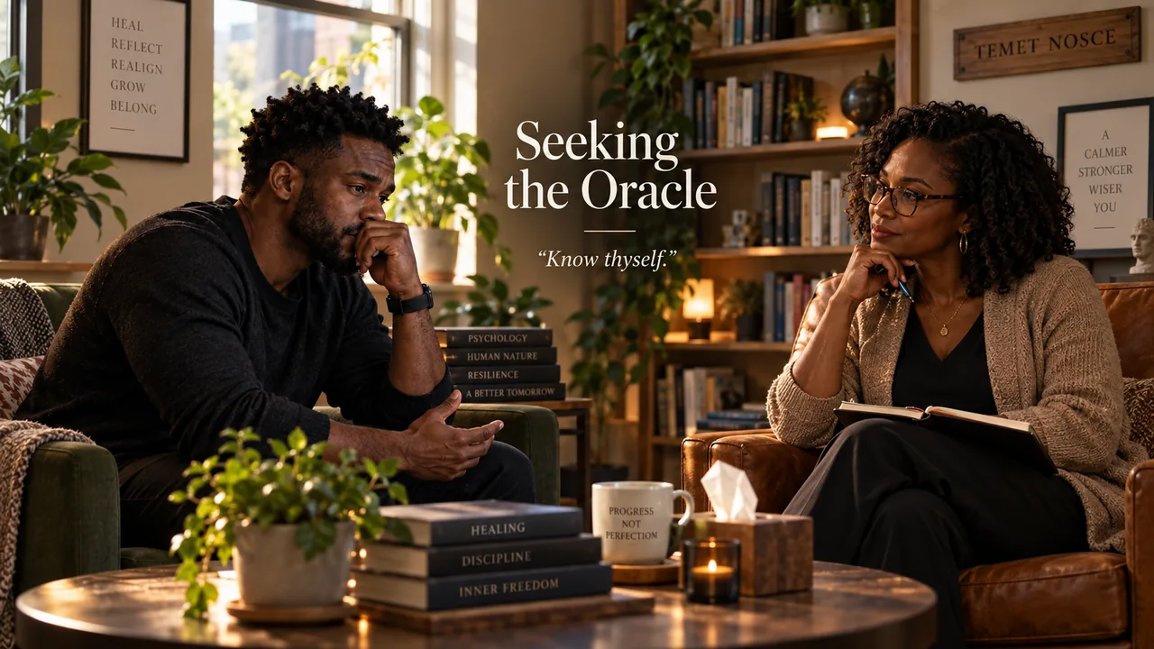 Concept illustration of a therapy conversation with the words Seeking the Oracle and Know thyself.