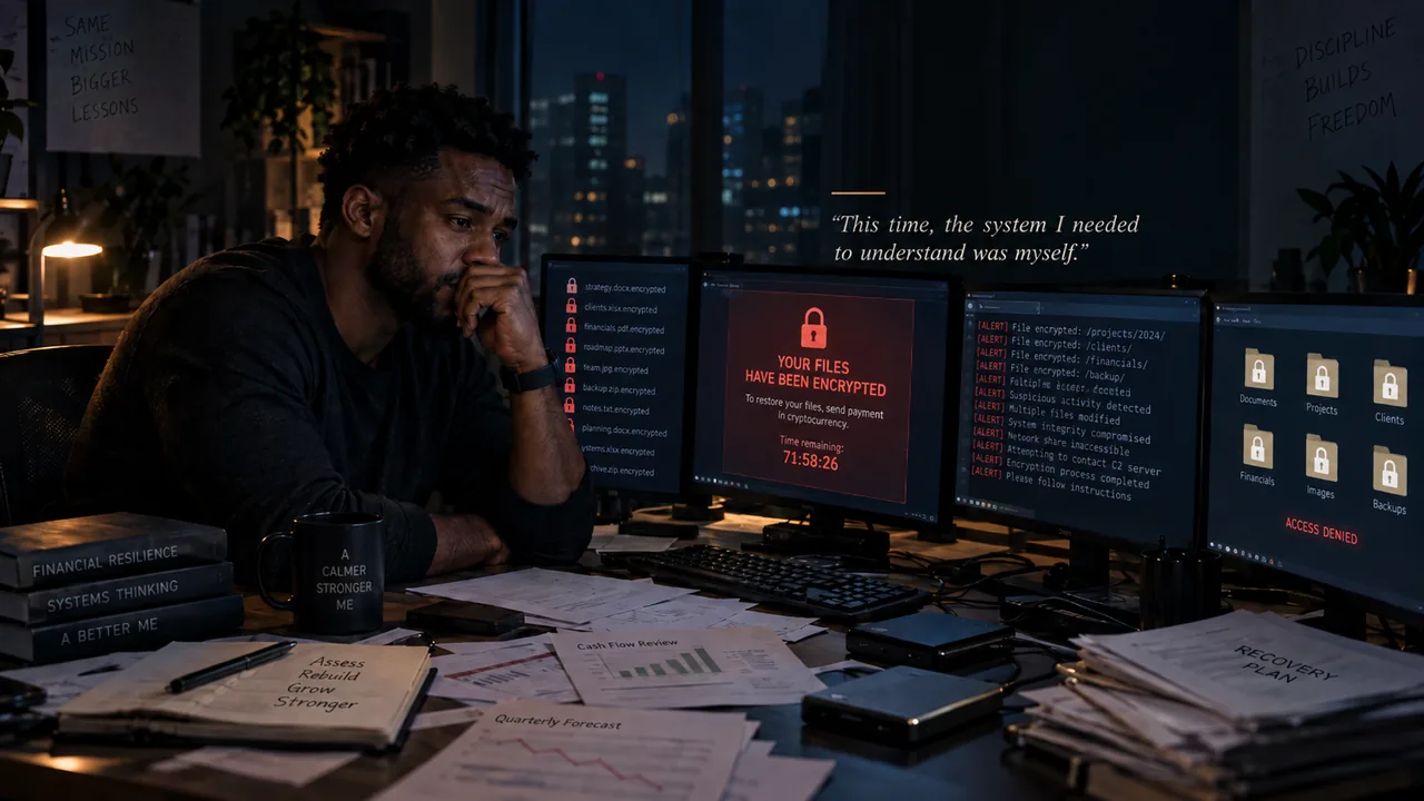 Concept illustration connecting a ransomware crisis with a period of personal reflection.