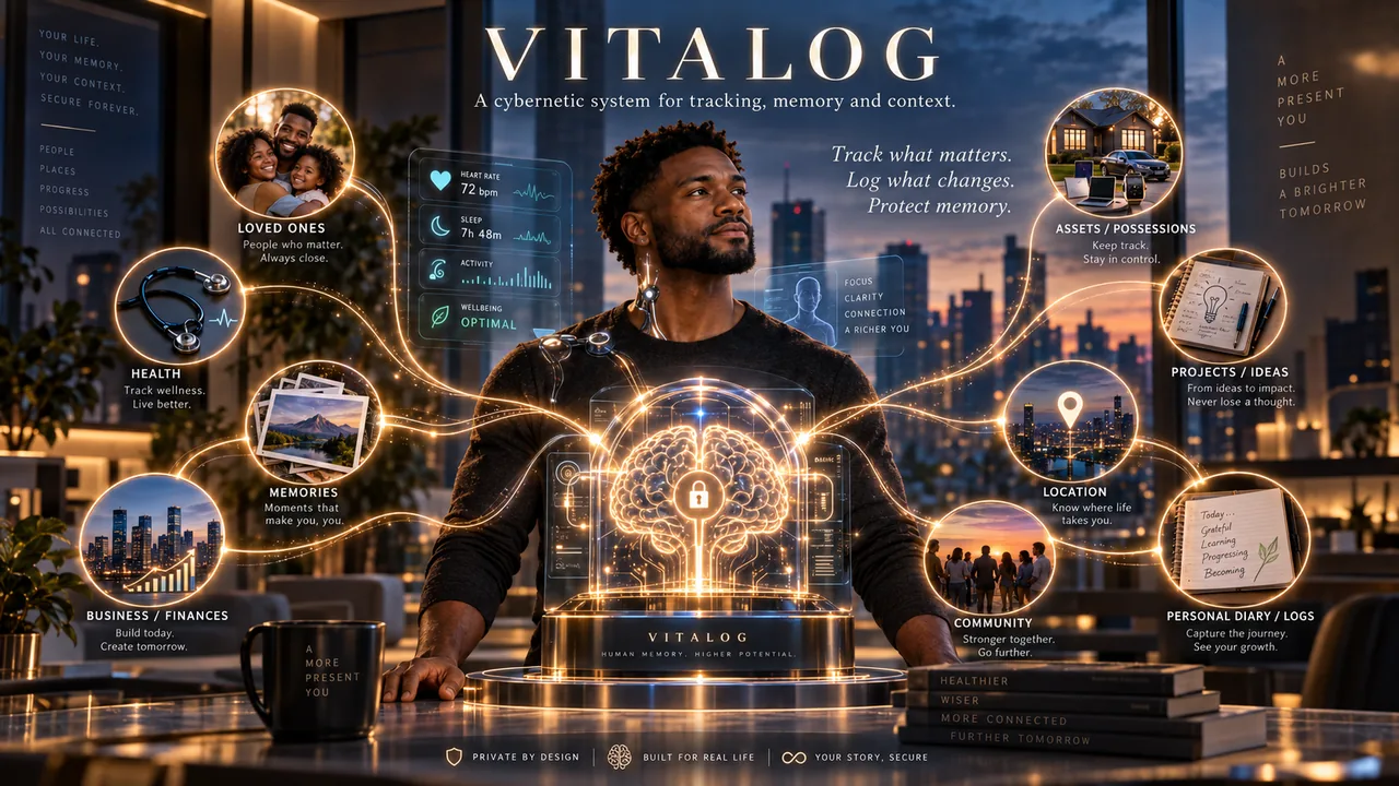 Concept illustration of Vitalog as a private cybernetic system connecting personal health, family, memories, business, projects, possessions, location and community context.
