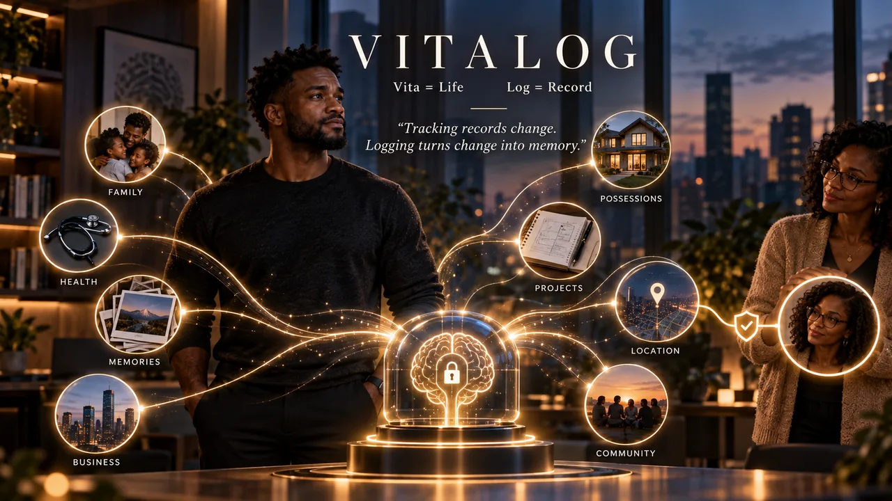 Concept illustration revealing the Vitalog name as Vita meaning life and Log meaning record, connected to personal life domains.